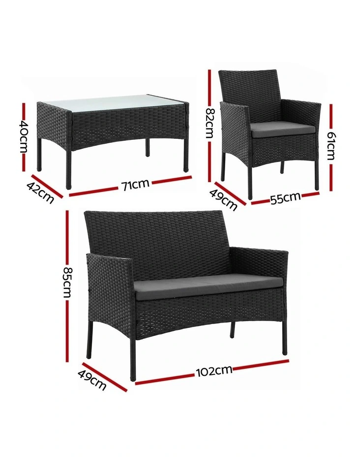 Gardeon 4-Piece Outdoor Sofa Set with Two Pillows Rattan Furniture Black image 2