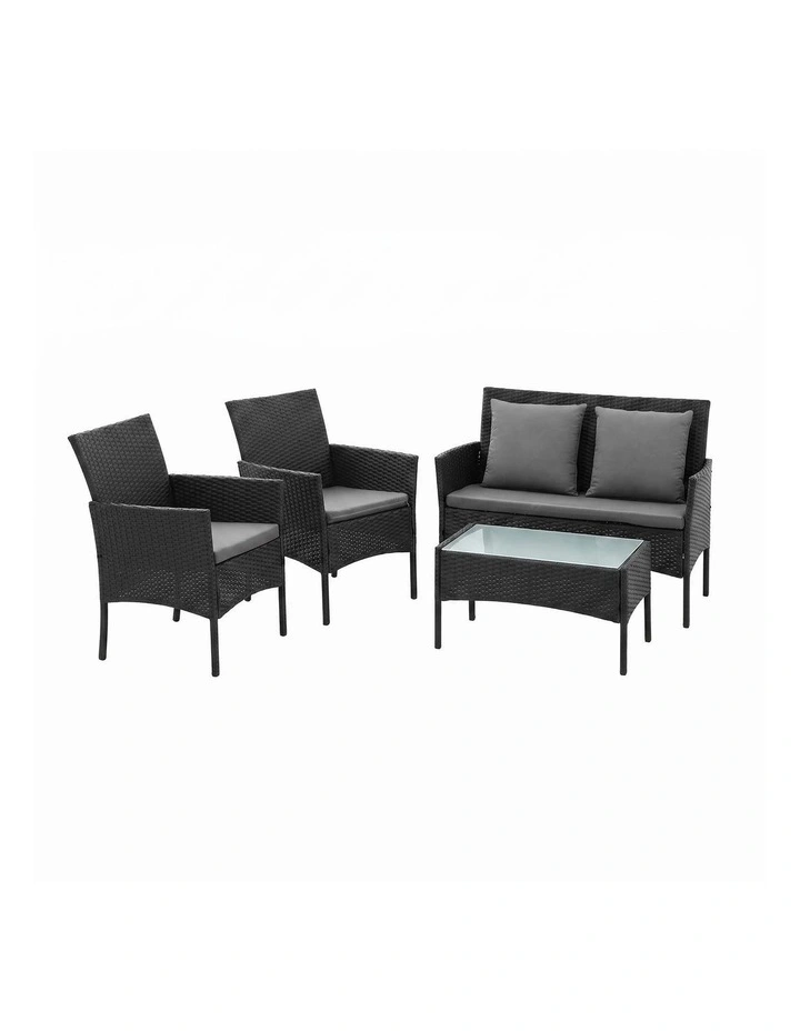 Gardeon 4-Piece Outdoor Sofa Set with Two Pillows Rattan Furniture Black image 3