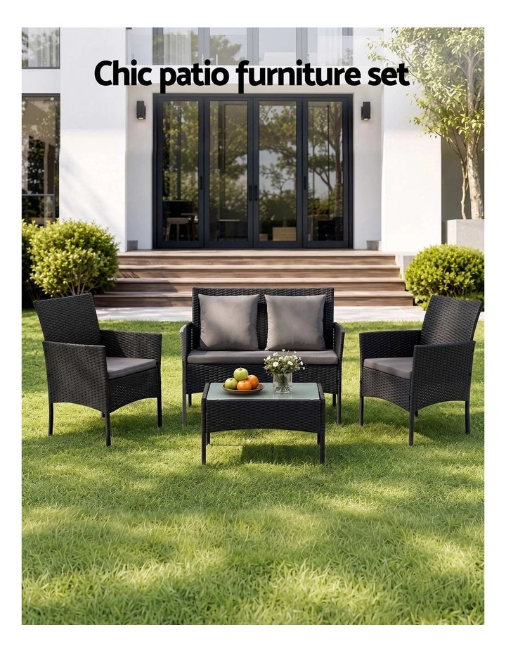 Gardeon 4-Piece Outdoor Sofa Set with Two Pillows Rattan Furniture Black image 4