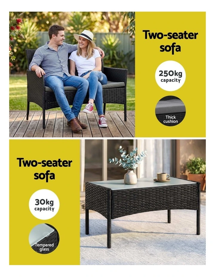 Gardeon 4-Piece Outdoor Sofa Set with Two Pillows Rattan Furniture Black image 5