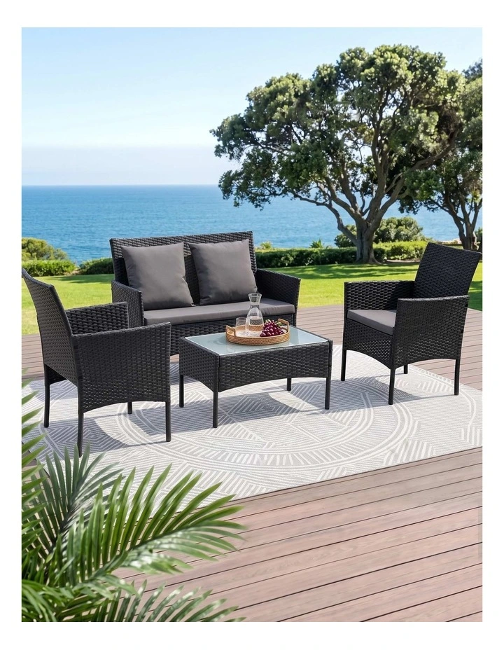 Gardeon 4-Piece Outdoor Sofa Set with Two Pillows Rattan Furniture Black image 6