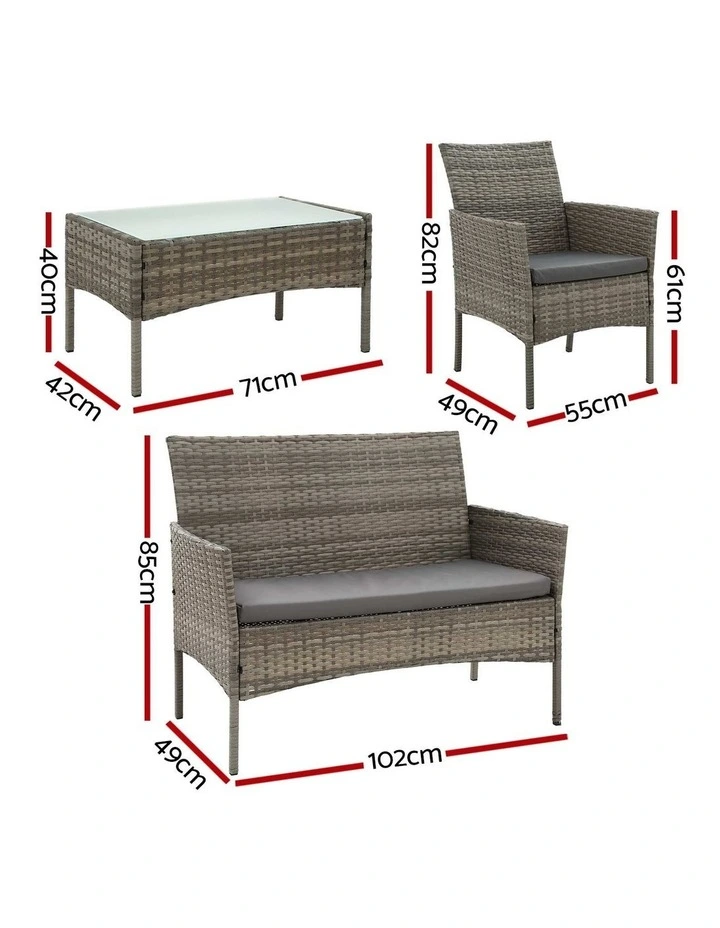 Gardeon 4-Piece Outdoor Sofa Set with Two Pillows Rattan Furniture Grey image 2