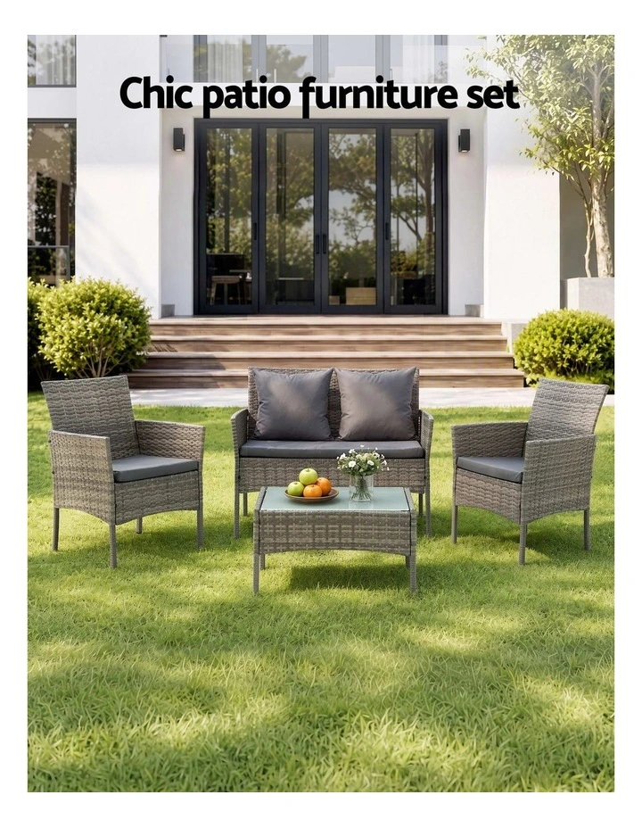 Gardeon 4-Piece Outdoor Sofa Set with Two Pillows Rattan Furniture Grey image 4