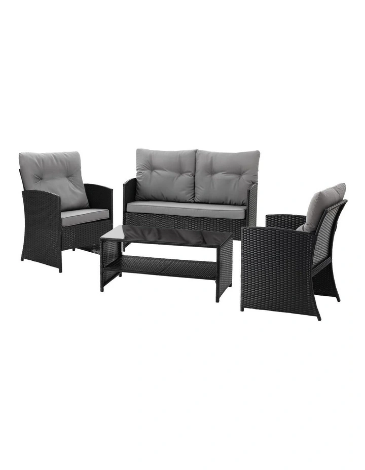Gardeon 4-Piece Outdoor Sofa Set Coffee Table Chair Rattan Furniture Black image 1