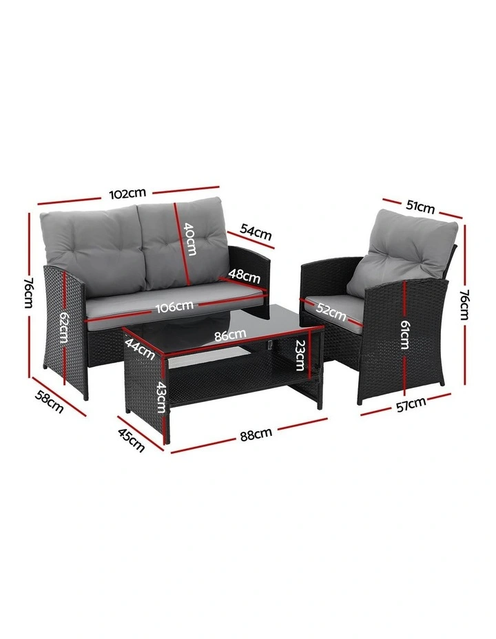 Gardeon 4-Piece Outdoor Sofa Set Coffee Table Chair Rattan Furniture Black image 2
