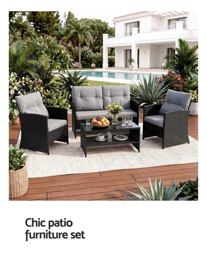 Gardeon 4-Piece Outdoor Sofa Set Coffee Table Chair Rattan Furniture Black image 4