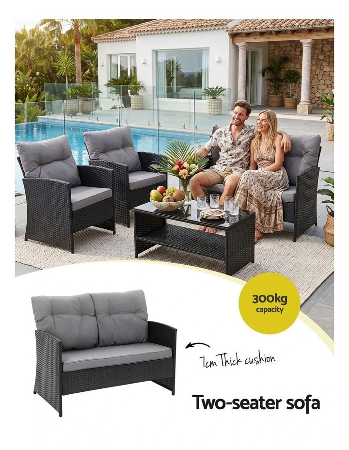 Gardeon 4-Piece Outdoor Sofa Set Coffee Table Chair Rattan Furniture Black image 5