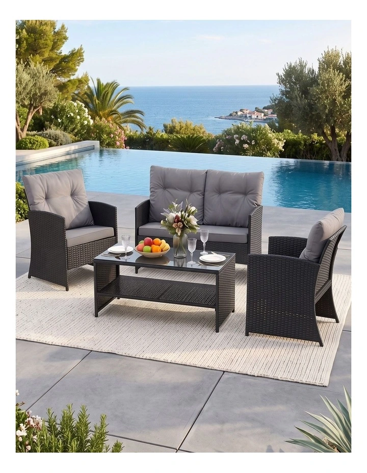 Gardeon 4-Piece Outdoor Sofa Set Coffee Table Chair Rattan Furniture Black image 6