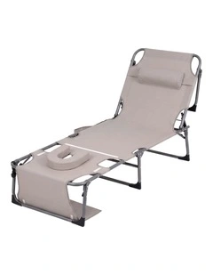 Gardeon Sun Lounger 5 Position Folding Tanning Chair with Face Hole Khaki