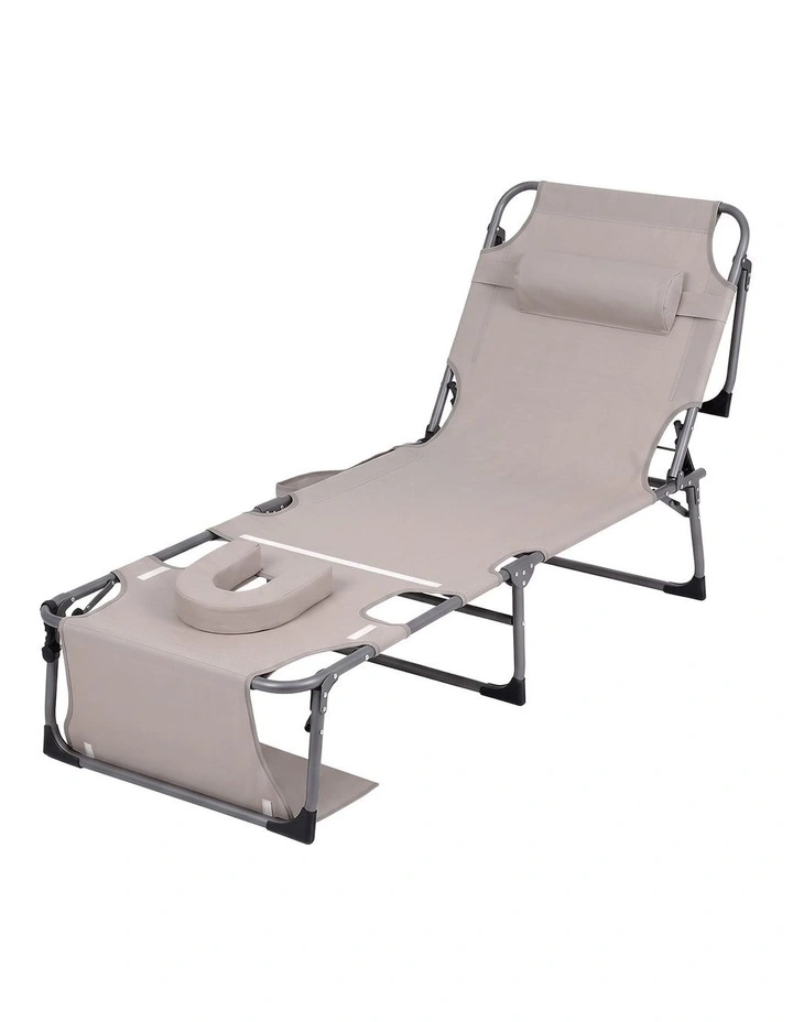 Gardeon Sun Lounger 5 Position Folding Tanning Chair with Face Hole Khaki image 1
