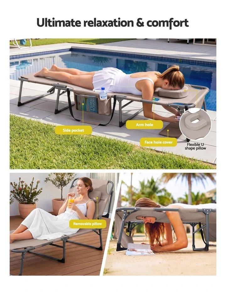 Gardeon Sun Lounger 5 Position Folding Tanning Chair with Face Hole Khaki image 4