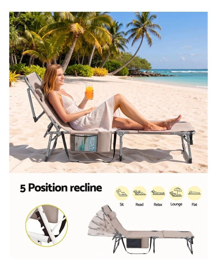 Gardeon Sun Lounger 5 Position Folding Tanning Chair with Face Hole Khaki image 5