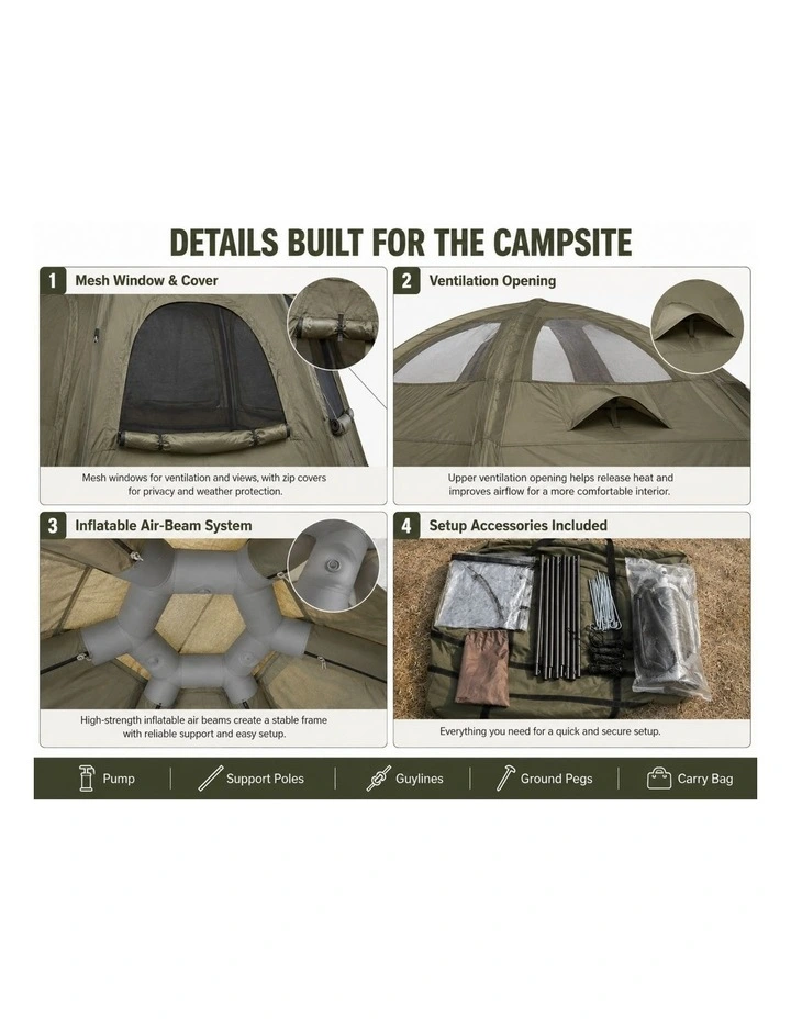 Weisshorn 4 Person Inflatable Camping Tent TC Canvas Sun Shade Rain-Ready image 5