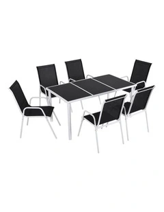Gardeon 7 Piece Outdoor Dining Set Steel Textilene Patio Furniture Table and Chairs Black