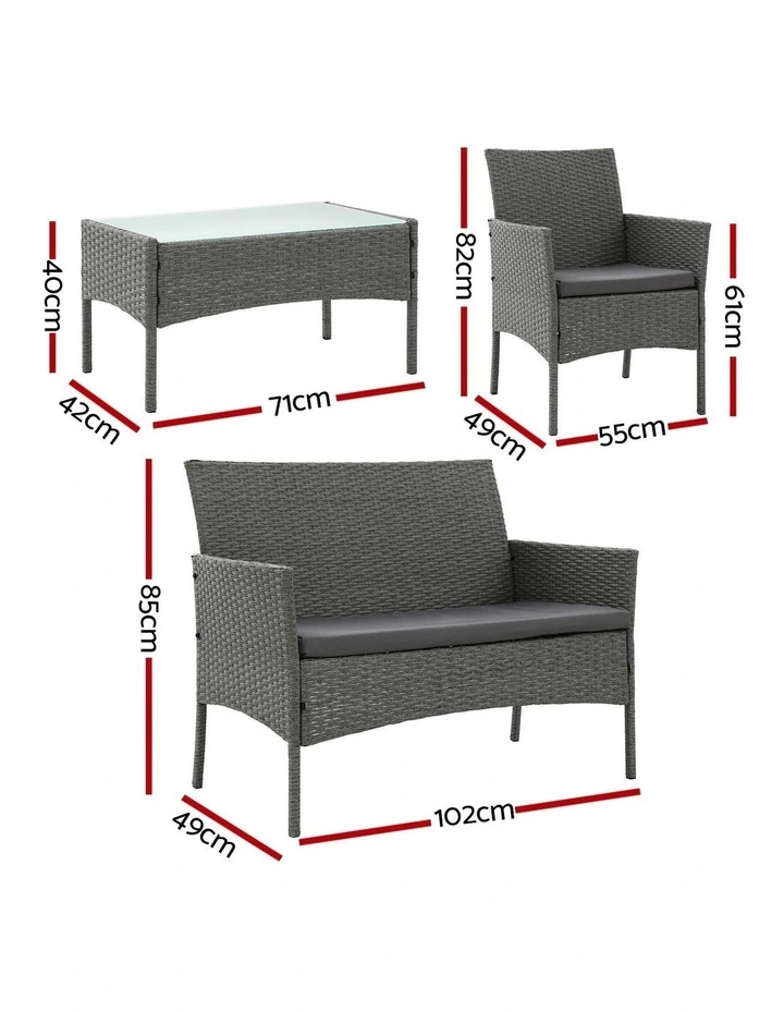 Gardeon 4-Piece Outdoor Sofa Set Rattan Furniture with Two Pillows Grey image 2