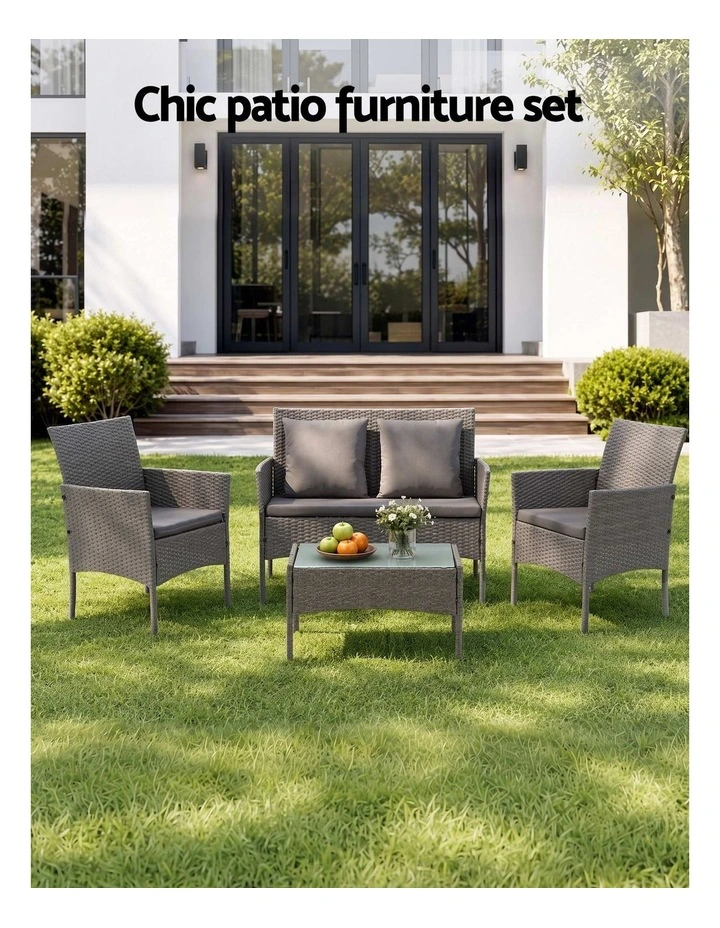 Gardeon 4-Piece Outdoor Sofa Set Rattan Furniture with Two Pillows Grey image 4
