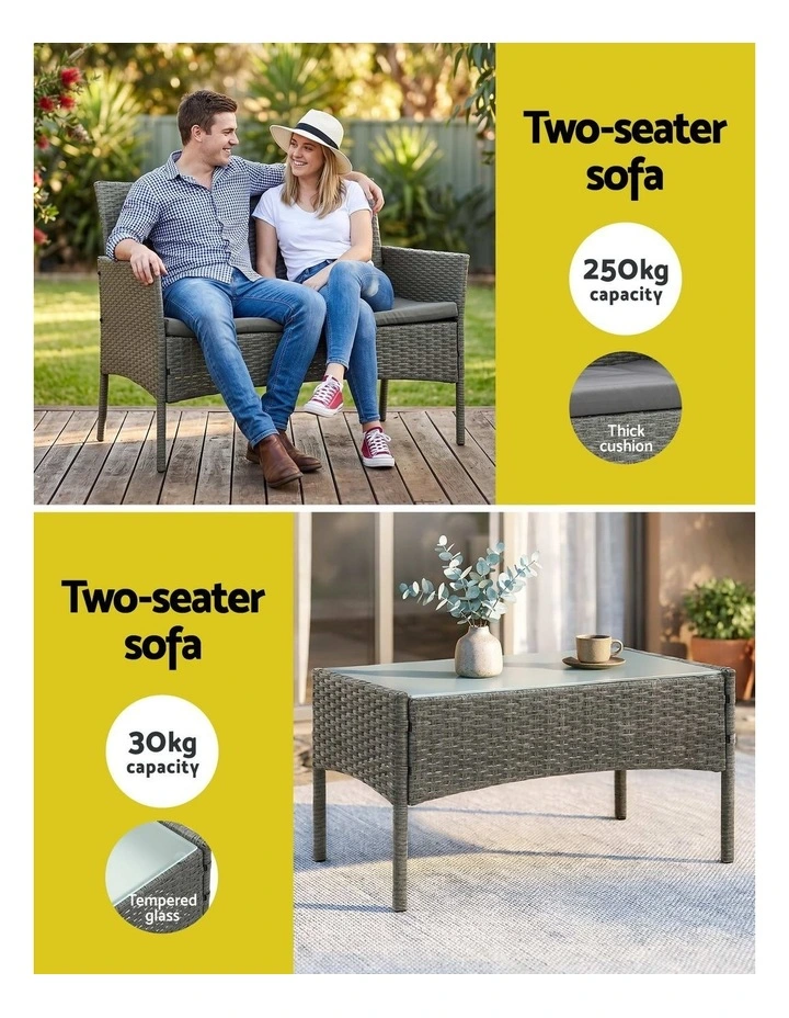 Gardeon 4-Piece Outdoor Sofa Set Rattan Furniture with Two Pillows Grey image 5