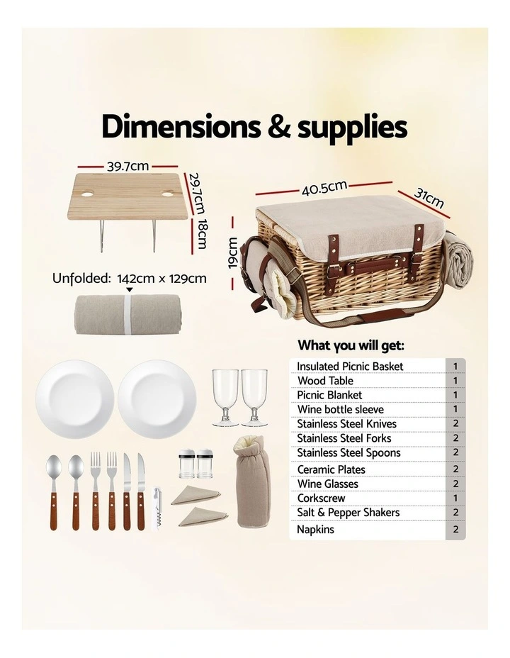 Alfresco 2 Person Insulated Picnic Basket Set with Foldable Wood Table Mat image 2