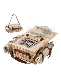 Alfresco 4 Person Insulated Picnic Basket Set with Foldable Wood Table Mat