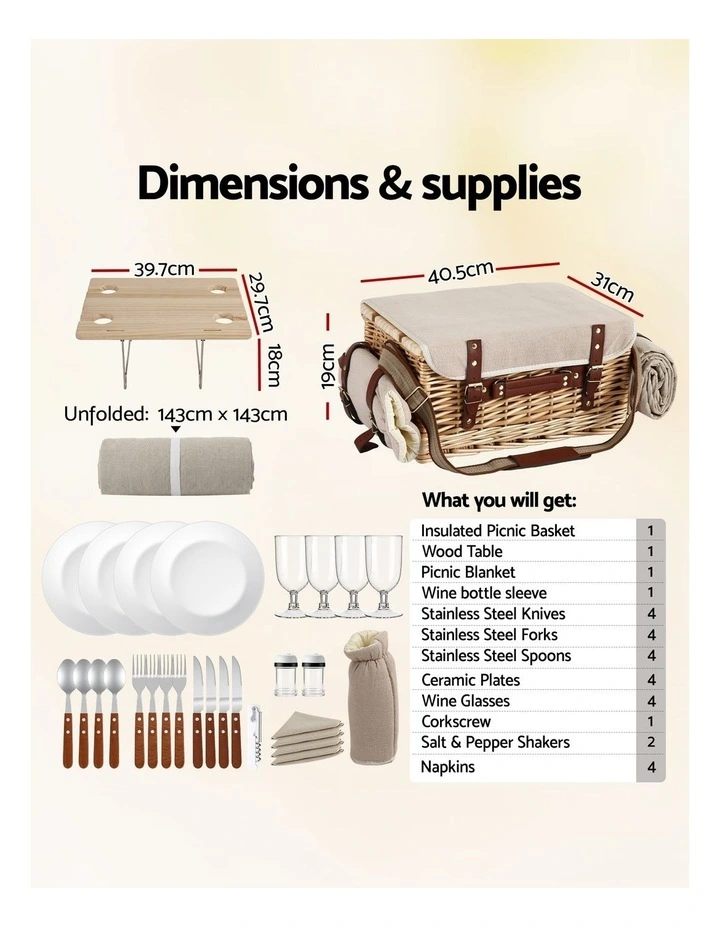 Alfresco 4 Person Insulated Picnic Basket Set with Foldable Wood Table Mat image 2
