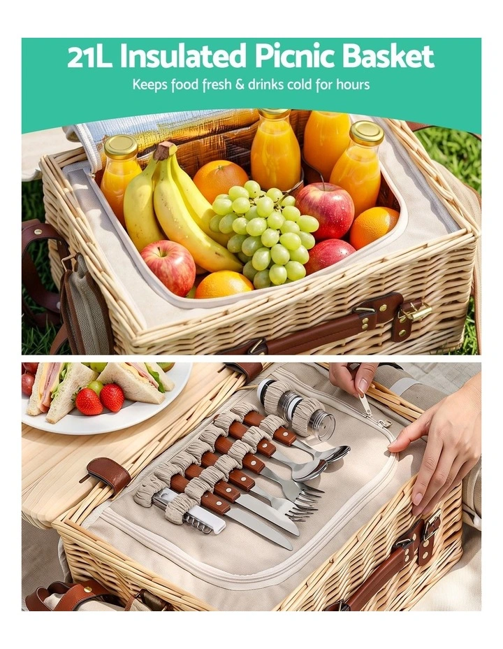 Alfresco 4 Person Insulated Picnic Basket Set with Foldable Wood Table Mat image 4