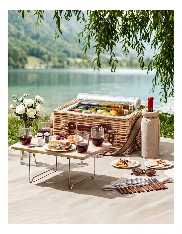 Alfresco 4 Person Insulated Picnic Basket Set with Foldable Wood Table Mat image 6