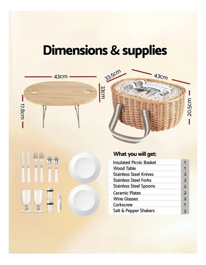 Alfresco 2 Person Insulated Picnic Basket Set with Foldable Wood Table image 2