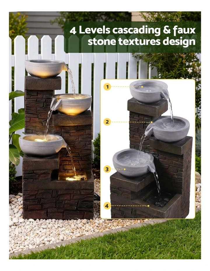 Gardeon Solar Fountain 4 Levels Cascading Bowl Water Feature 75cm Brown image 4