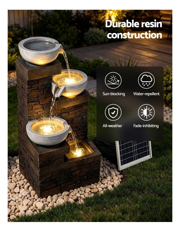Gardeon Solar Fountain 4 Levels Cascading Bowl Water Feature 75cm Brown image 6