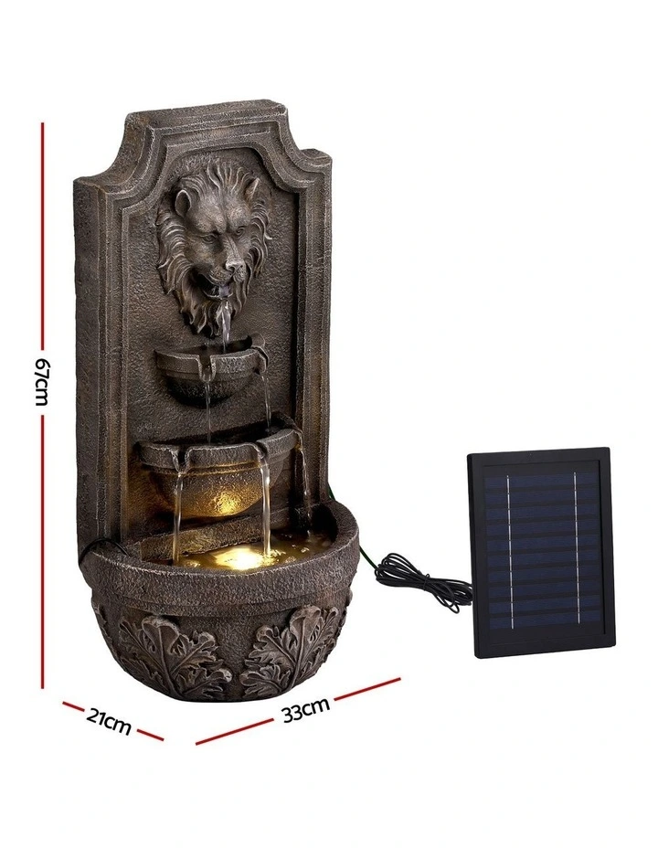 Gardeon Solar Fountain Water Feature Lion Head Wall Fountain 67cm Brown image 2