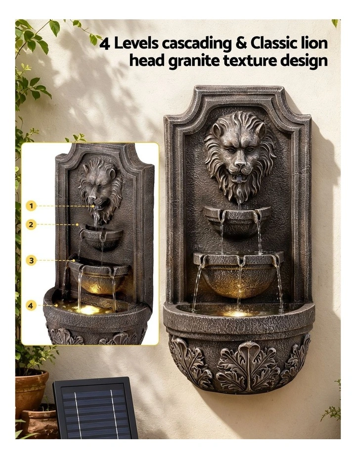 Gardeon Solar Fountain Water Feature Lion Head Wall Fountain 67cm Brown image 4