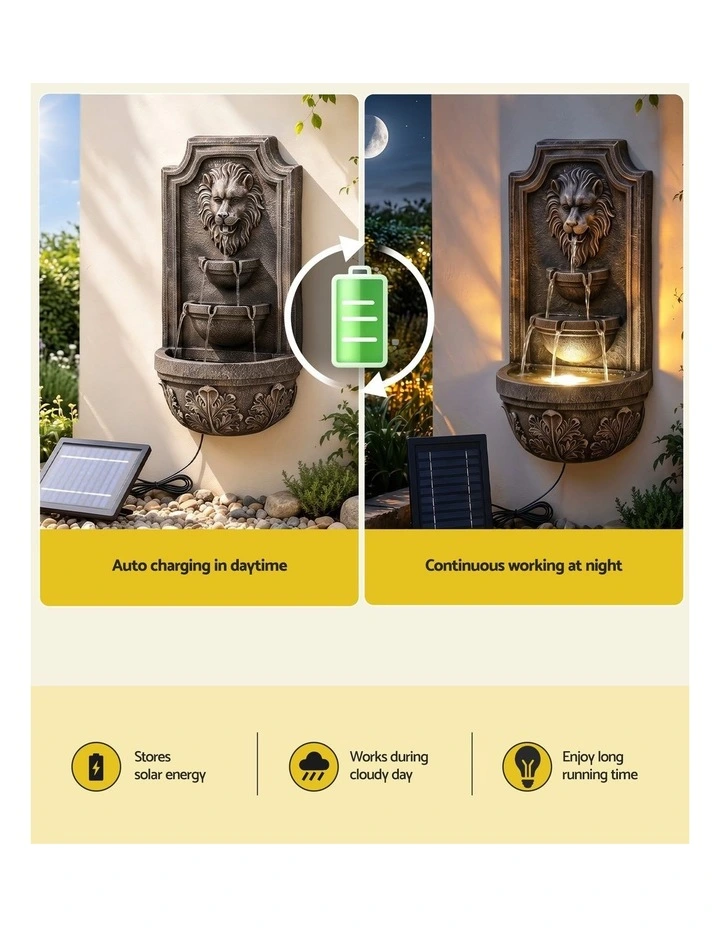Gardeon Solar Fountain Water Feature Lion Head Wall Fountain 67cm Brown image 5