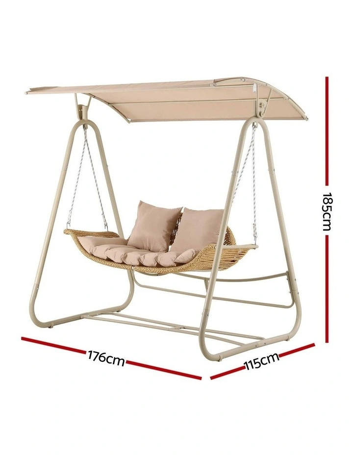 Gardeon Outdoor Swing Chair 2-Seater Rattan Seat with Canopy Beige image 2