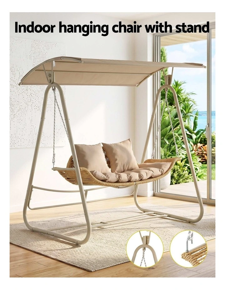Gardeon Outdoor Swing Chair 2-Seater Rattan Seat with Canopy Beige image 4