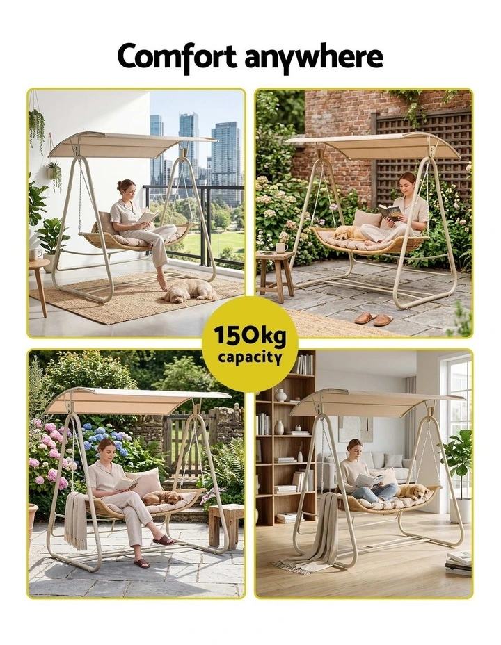 Gardeon Outdoor Swing Chair 2-Seater Rattan Seat with Canopy Beige image 6