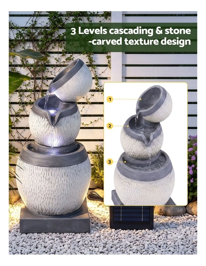 Gardeon Solar Fountain 3 Levels Cascading Bowl Water Feature 52cm Grey image 3