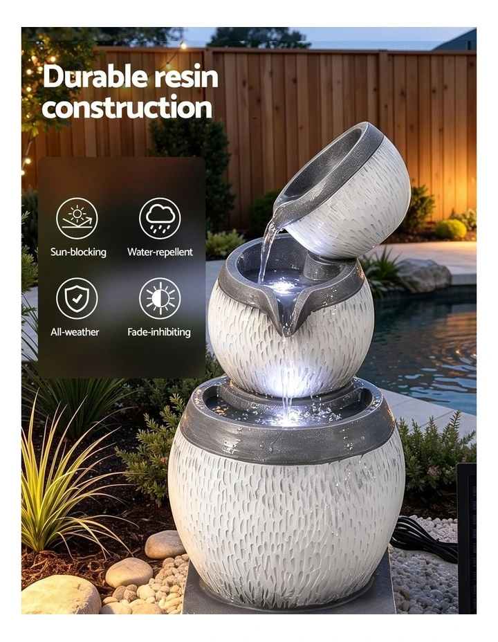 Gardeon Solar Fountain 3 Levels Cascading Bowl Water Feature 52cm Grey image 5