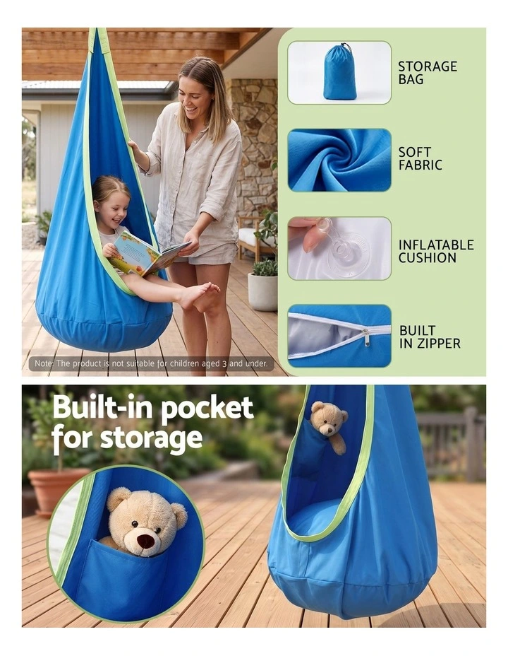 Gardeon Kids Hammock Chair Camping 70cmx150cm with Cushion Storage Bag Blue image 4