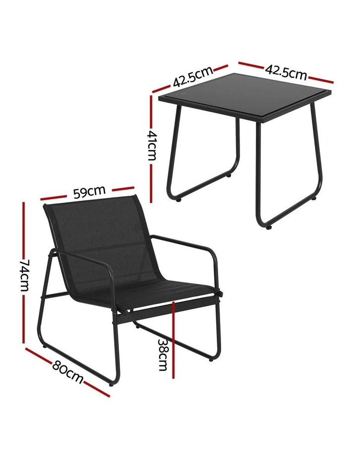 Gardeon Outdoor Bistro Set 3 Piece Patio Furniture Textilene Chairs Glass Table image 2