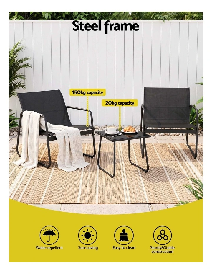 Gardeon Outdoor Bistro Set 3 Piece Patio Furniture Textilene Chairs Glass Table image 4