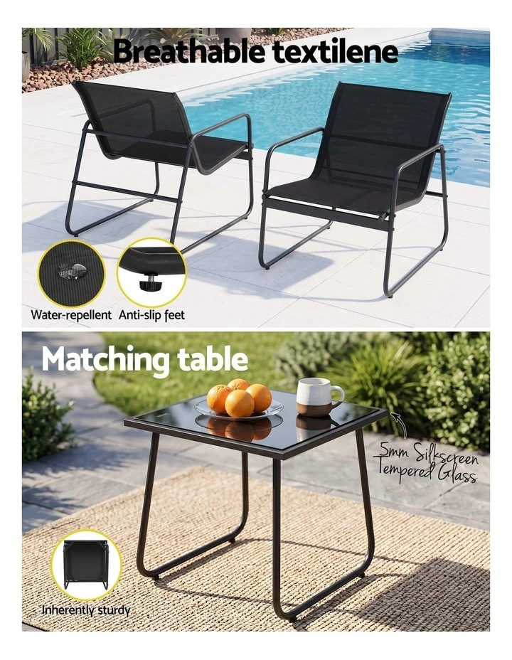 Gardeon Outdoor Bistro Set 3 Piece Patio Furniture Textilene Chairs Glass Table image 5