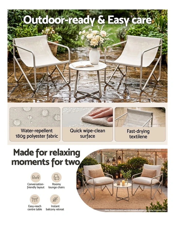 Gardeon Outdoor Bistro Set 3 Piece Patio Furniture Conversation Table and Chairs Khaki image 4
