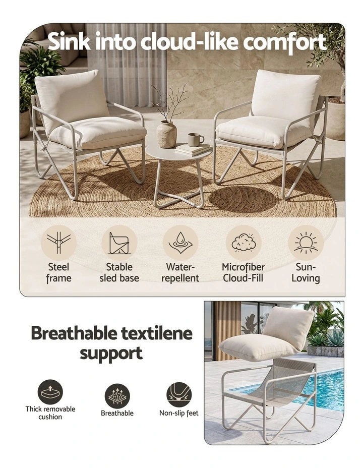 Gardeon Outdoor Bistro Set 3 Piece Patio Furniture Conversation Table and Chairs Khaki image 6