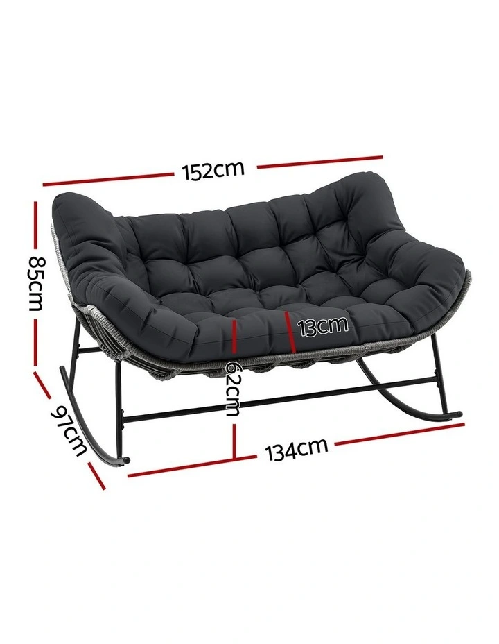 Gardeon Outdoor Rocking Chair Loveseat Wicker 2 Seater Cushion Patio Furniture Grey image 2