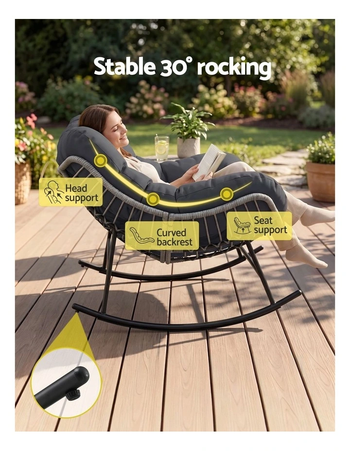 Gardeon Outdoor Rocking Chair Loveseat Wicker 2 Seater Cushion Patio Furniture Grey image 4