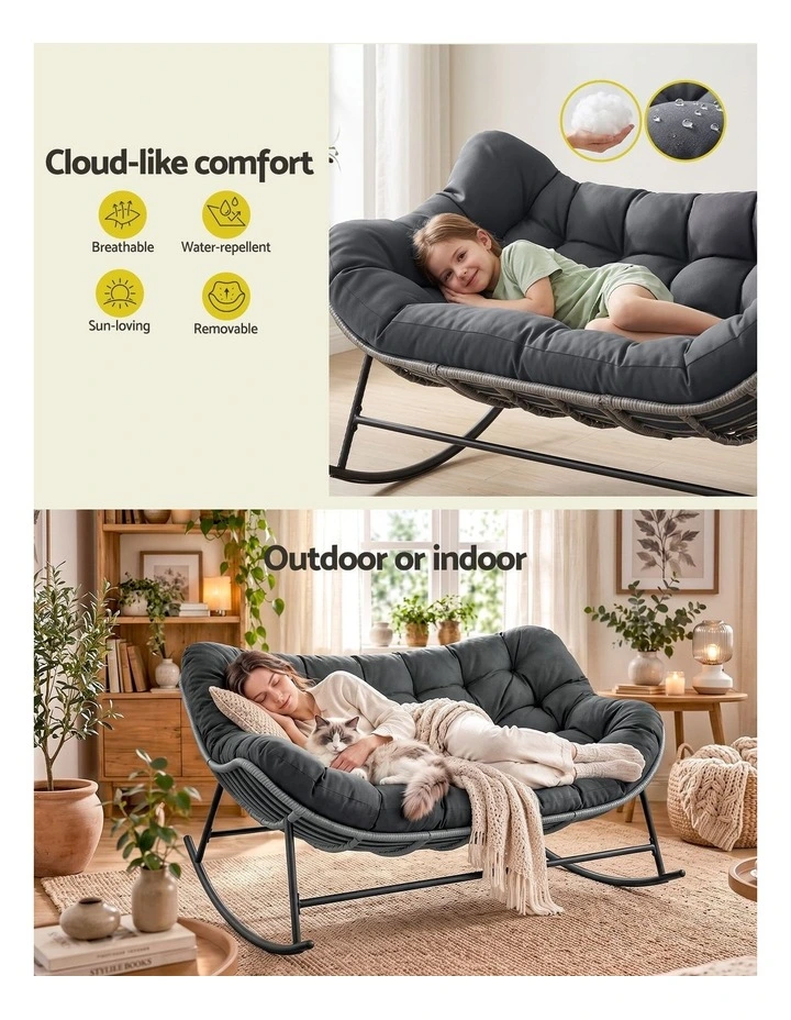 Gardeon Outdoor Rocking Chair Loveseat Wicker 2 Seater Cushion Patio Furniture Grey image 5