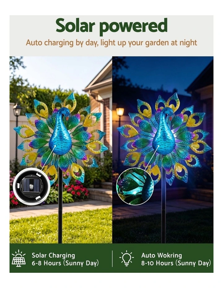 Gardeon Garden Windmill Solar Light Colorful Peacock Metal Spinner 190cm image 4