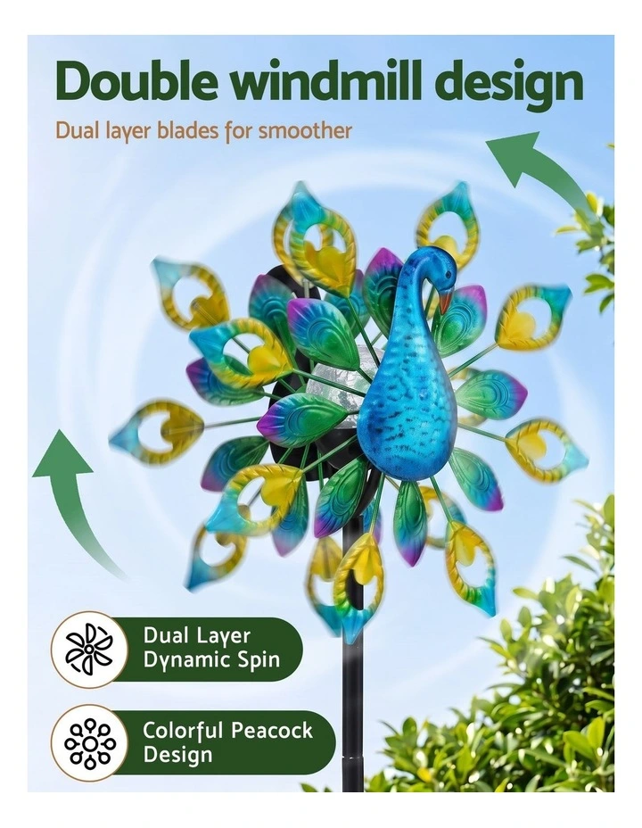 Gardeon Garden Windmill Solar Light Colorful Peacock Metal Spinner 190cm image 5