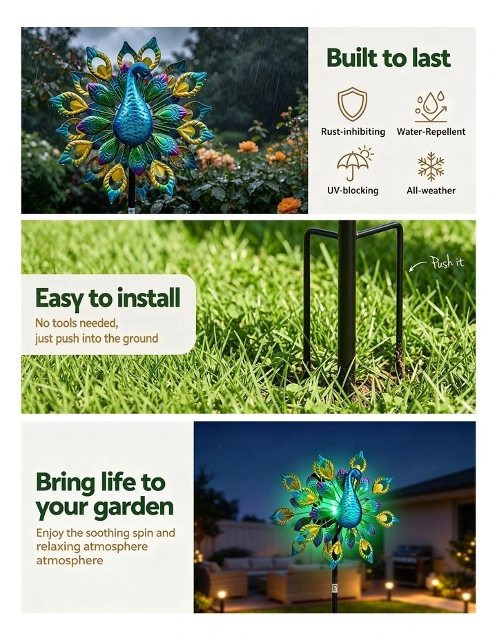 Gardeon Garden Windmill Solar Light Colorful Peacock Metal Spinner 190cm image 6