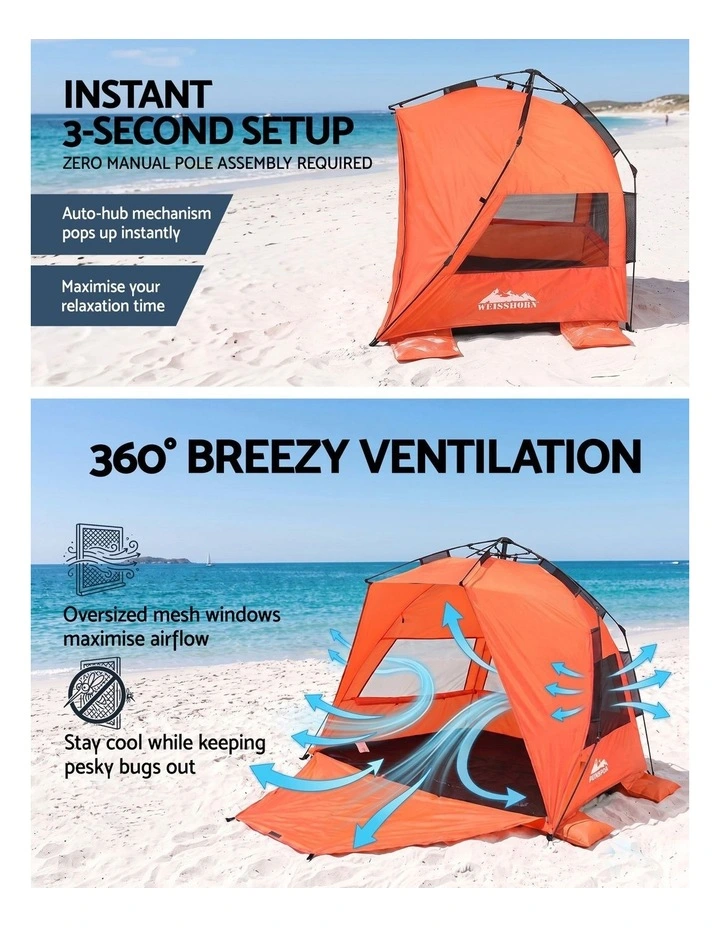 Weisshorn Beach Tent 3-4 Person Pop Up Sun Shade UPF 50 Automatic Outdoor Orange image 3